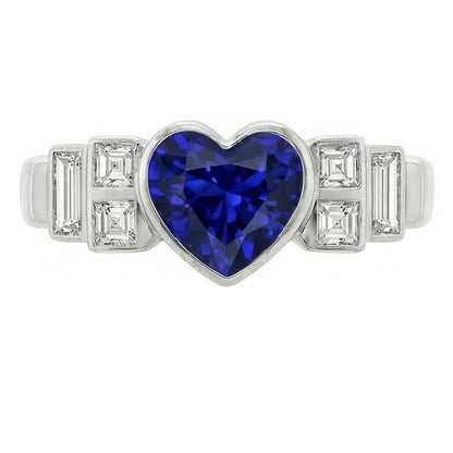 Womens Baguette Natural Earth Mined Diamond Heart Blue Sapphire Ring Bezel Set 2.50 Carats