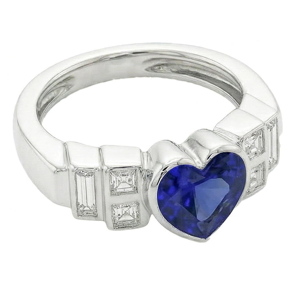 Womens Baguette Natural Earth Mined Diamond Heart Blue Sapphire Ring Bezel Set 2.50 Carats