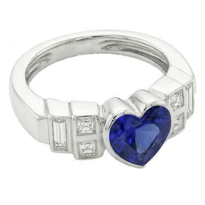 Womens Baguette Natural Earth Mined Diamond Heart Blue Sapphire Ring Bezel Set 2.50 Carats