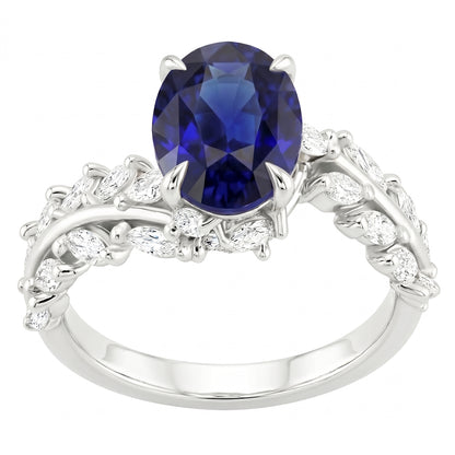 Womens Gold Ring Oval Ceylon Sapphire With Marquise Natural Earth Mined Diamonds 4 Carats