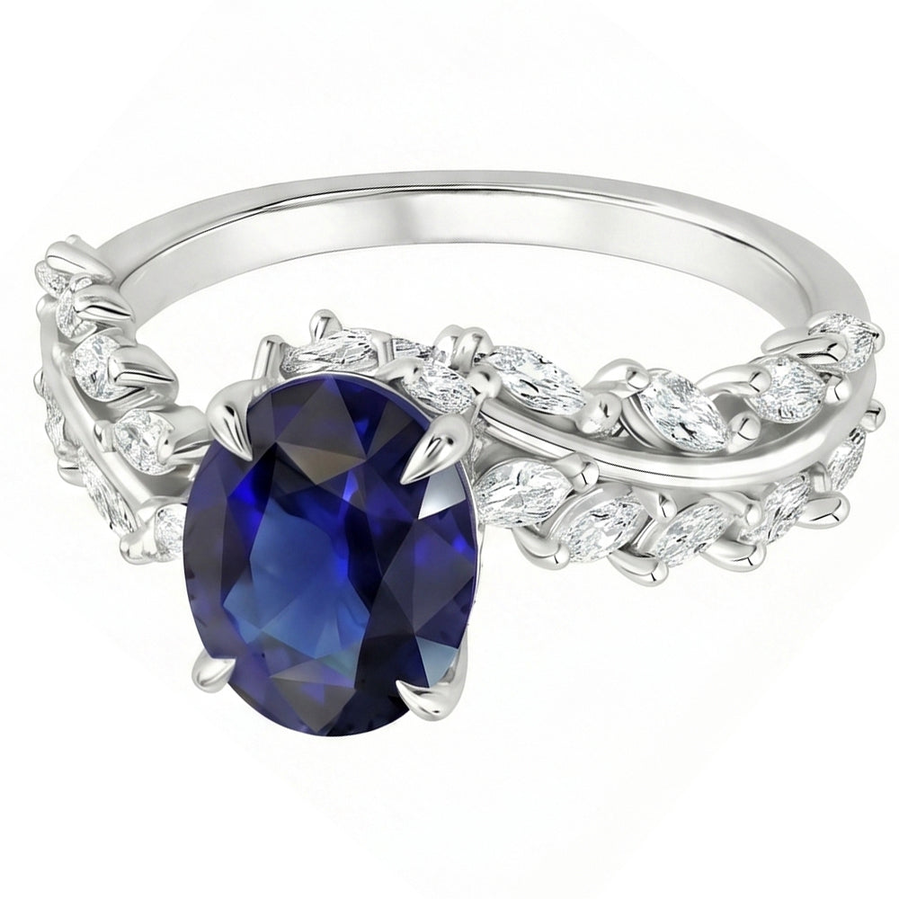 Womens Gold Ring Oval Ceylon Sapphire With Marquise Natural Earth Mined Diamonds 4 Carats