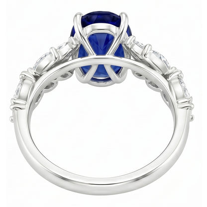 Womens Gold Ring Oval Ceylon Sapphire With Marquise Natural Earth Mined Diamonds 4 Carats