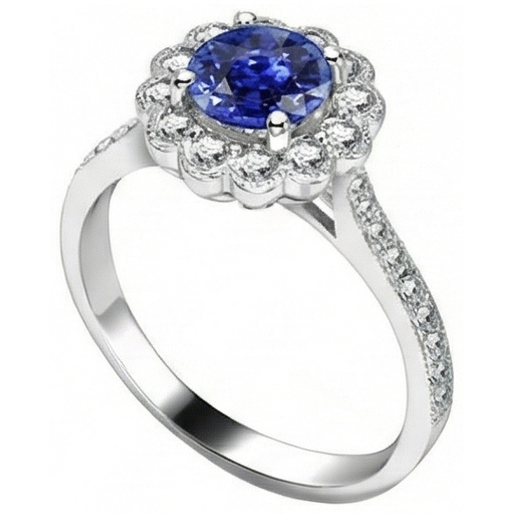 Natural Real ( Not Lab Grown )  Womens Halo Flower Style Blue Sapphire Ring 3 Carats Cathedral Setting