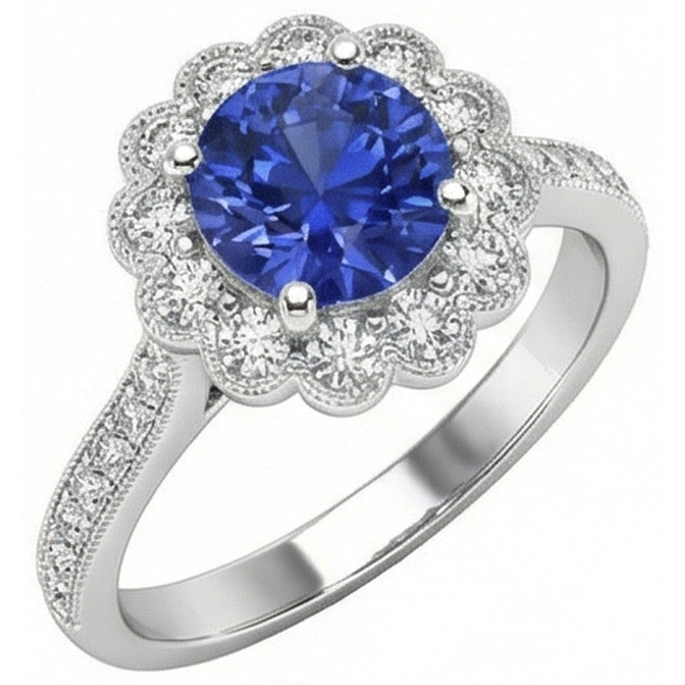 Natural Real ( Not Lab Grown )  Womens Halo Flower Style Blue Sapphire Ring 3 Carats Cathedral Setting
