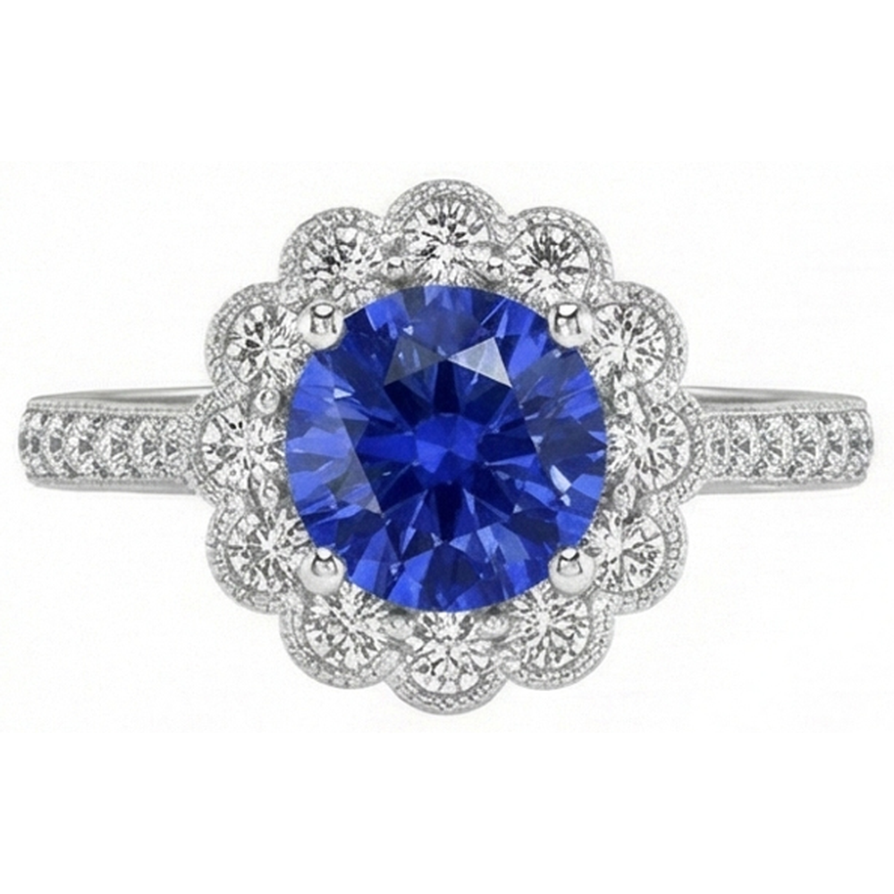 Natural Real ( Not Lab Grown )  Womens Halo Flower Style Blue Sapphire Ring 3 Carats Cathedral Setting