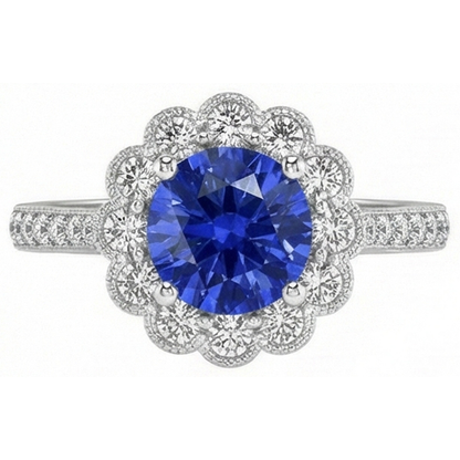 Natural Real ( Not Lab Grown )  Womens Halo Flower Style Blue Sapphire Ring 3 Carats Cathedral Setting