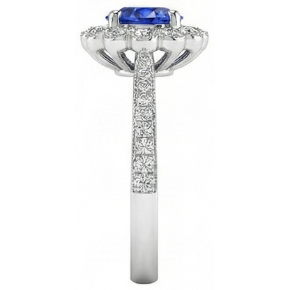 Natural Real ( Not Lab Grown )  Womens Halo Flower Style Blue Sapphire Ring 3 Carats Cathedral Setting