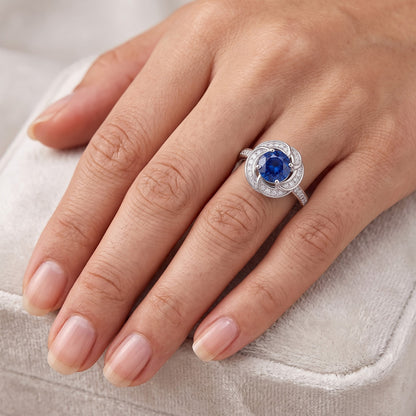 Womens Halo Natural Earth Mined Diamond Jewelry Flower Style Sapphire Ring 3 Carats Gold