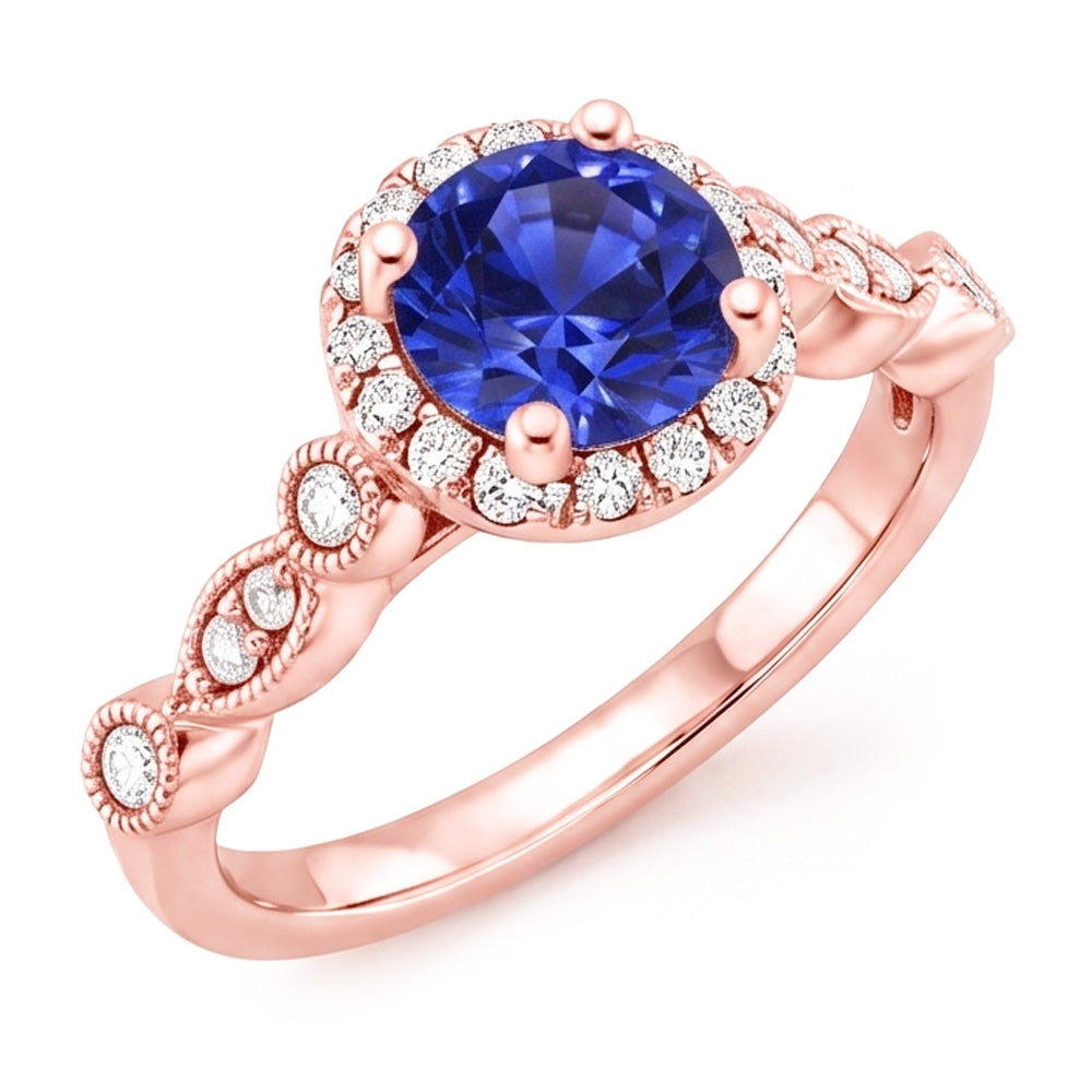 Womens Ring Round Blue Sapphire & Natural Earth Mined Diamonds 4 Carats Milgrain Rose Gold