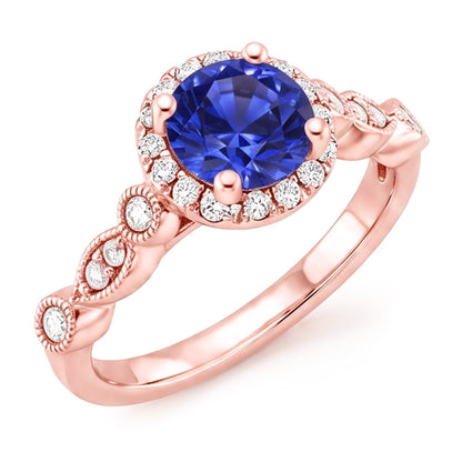 Womens Ring Round Blue Sapphire & Natural Earth Mined Diamonds 4 Carats Milgrain Rose Gold