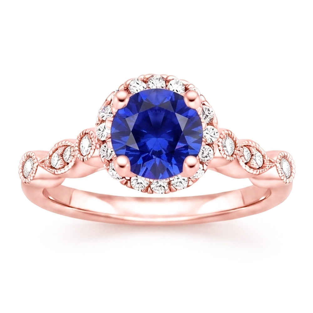 Womens Ring Round Blue Sapphire & Natural Earth Mined Diamonds 4 Carats Milgrain Rose Gold