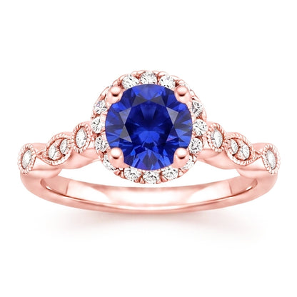 Womens Ring Round Blue Sapphire & Natural Earth Mined Diamonds 4 Carats Milgrain Rose Gold