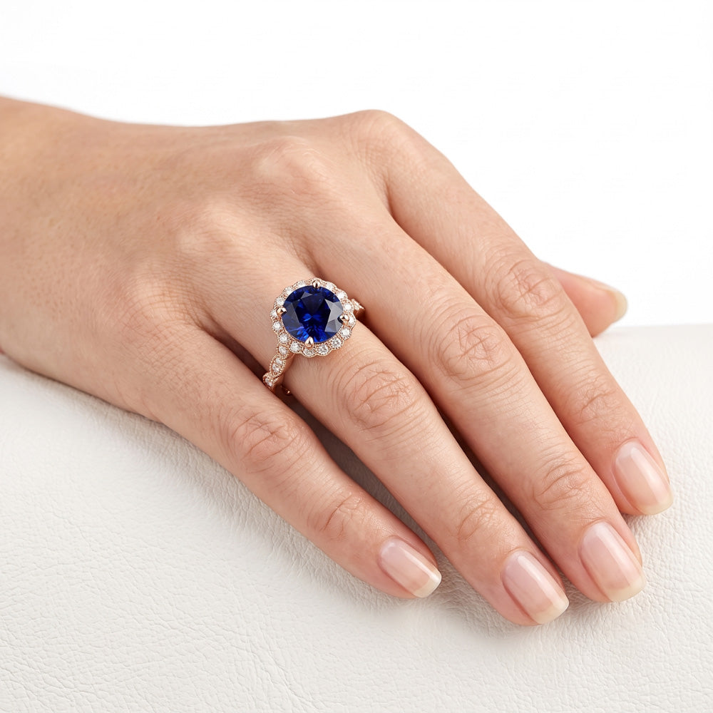 Womens Ring Round Blue Sapphire & Natural Earth Mined Diamonds 4 Carats Milgrain Rose Gold