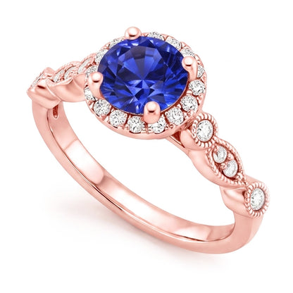 Womens Ring Round Blue Sapphire & Natural Earth Mined Diamonds 4 Carats Milgrain Rose Gold