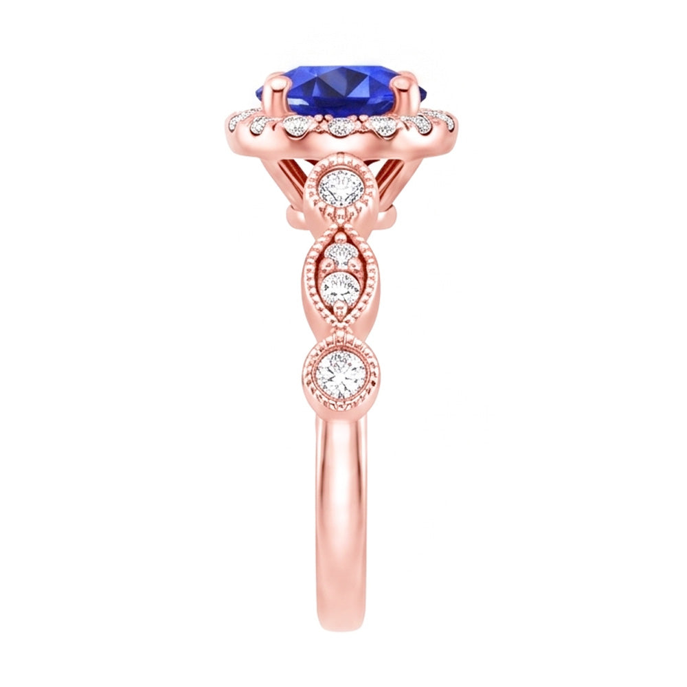 Womens Ring Round Blue Sapphire & Natural Earth Mined Diamonds 4 Carats Milgrain Rose Gold