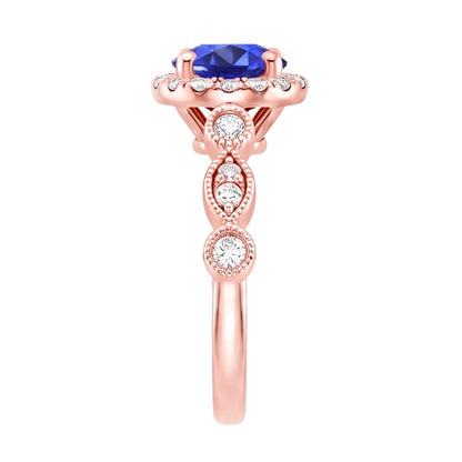Womens Ring Round Blue Sapphire & Natural Earth Mined Diamonds 4 Carats Milgrain Rose Gold