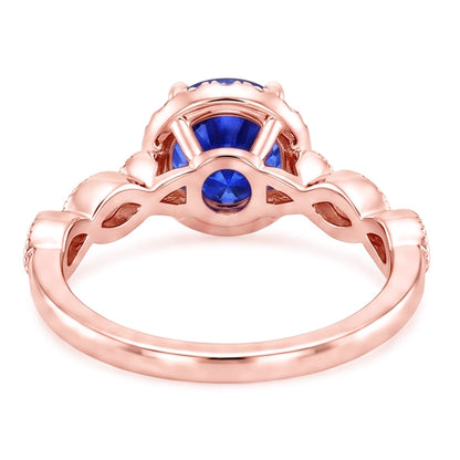 Womens Ring Round Blue Sapphire & Natural Earth Mined Diamonds 4 Carats Milgrain Rose Gold
