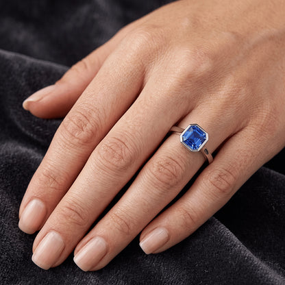 Womens Solitaire 1 Carat Bezel Set Natural Blue Sapphire Ring