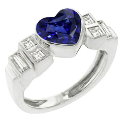 Womens Baguette Natural Earth Mined Diamond Heart Blue Sapphire Ring Bezel Set 2.50 Carats