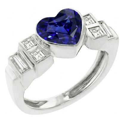 Womens Baguette Natural Earth Mined Diamond Heart Blue Sapphire Ring Bezel Set 2.50 Carats