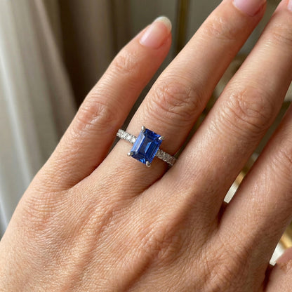 Womens Sapphire Ring Radiant With Pave Set Natural Earth Mined Diamond Accents 3.50 Carats