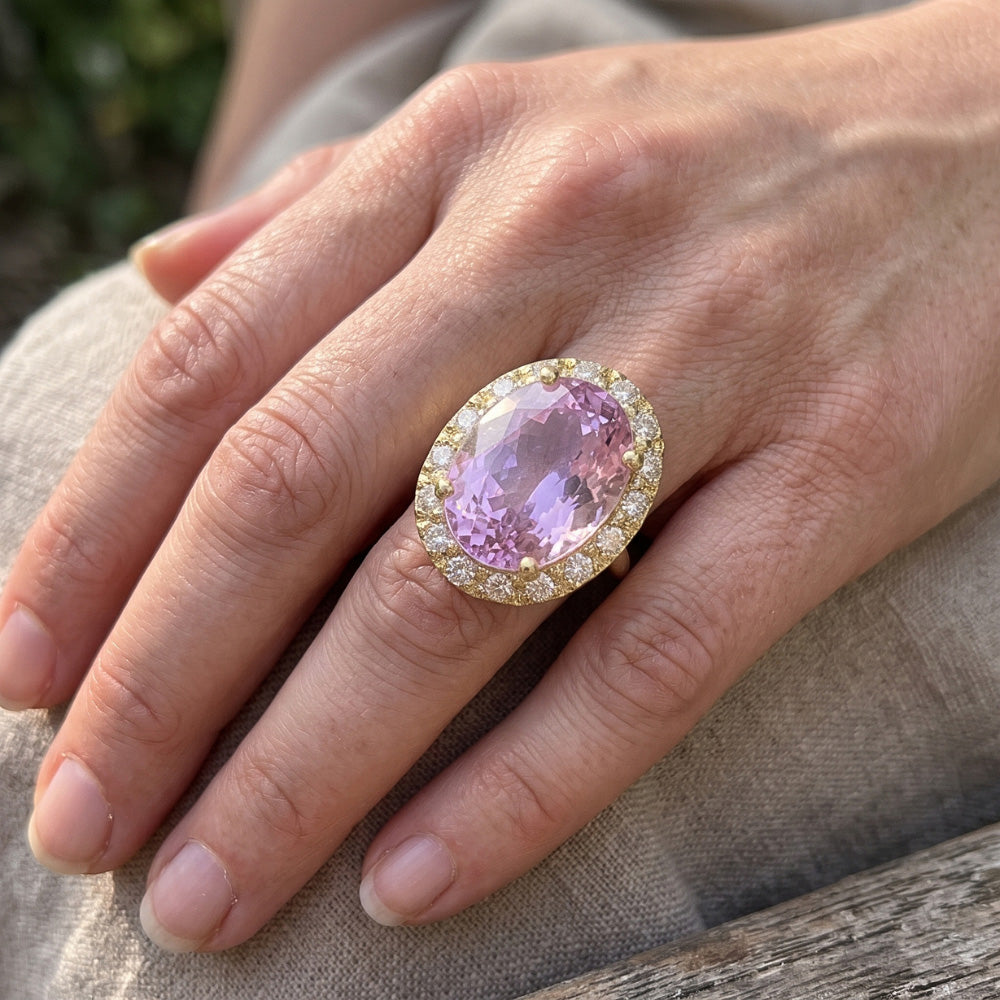 Yellow Gold 14K Oval Pink Kunzite Gemstone Ring 16 Carats Jewelry