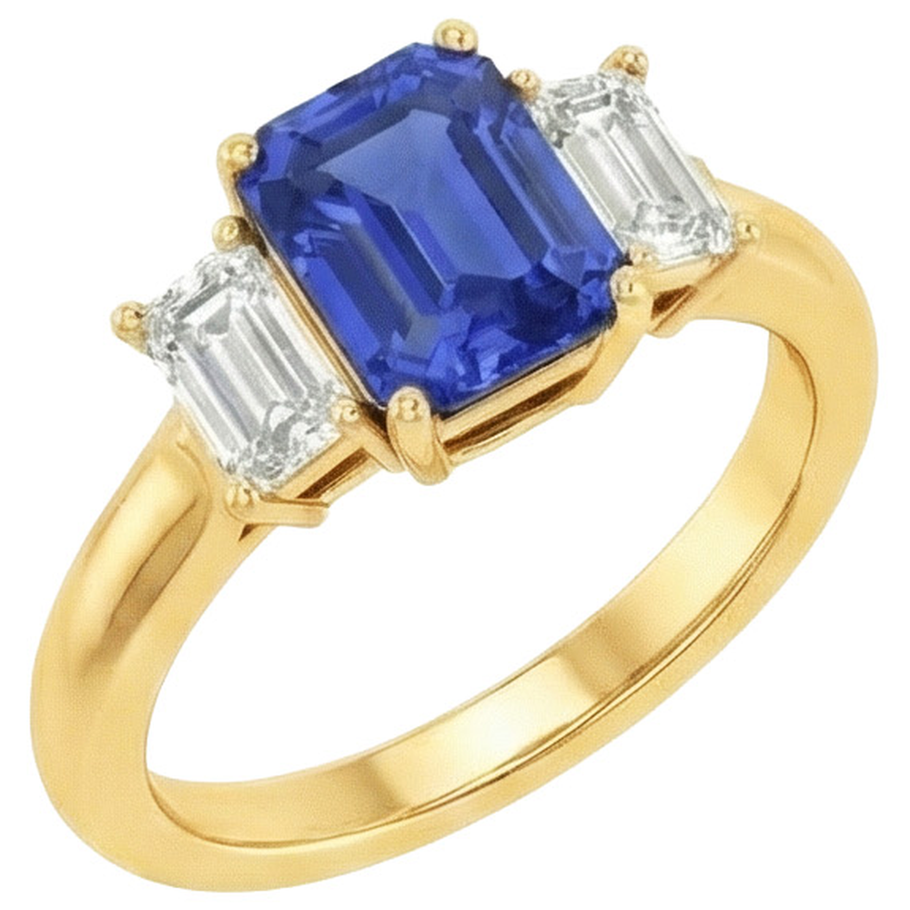 Yellow Gold 3 Stone Blue Sapphire & Natural Earth Mined Diamond Ring 9 Carats