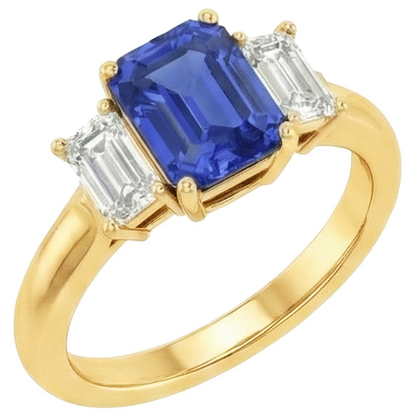 Yellow Gold 3 Stone Blue Sapphire & Natural Earth Mined Diamond Ring 9 Carats