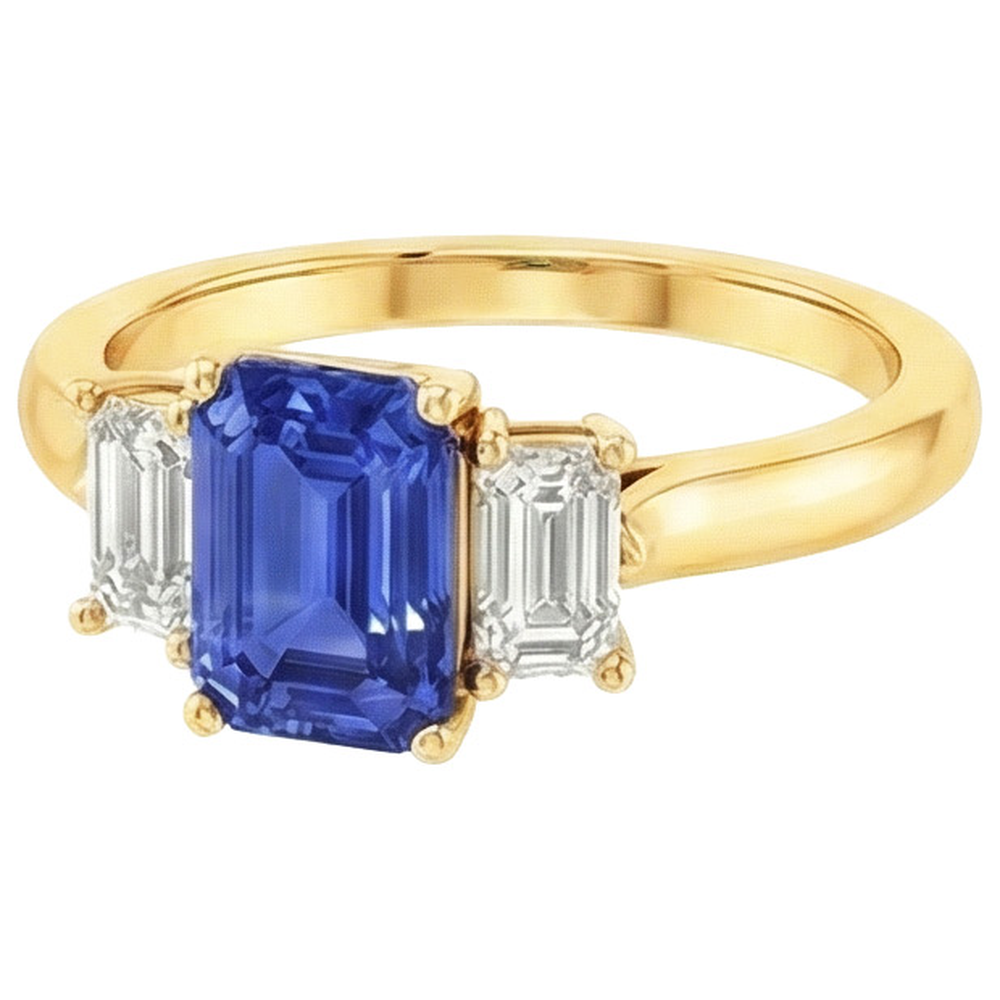 Yellow Gold 3 Stone Blue Sapphire & Natural Earth Mined Diamond Ring 9 Carats