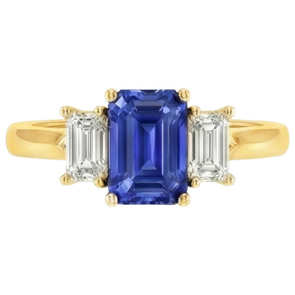 Yellow Gold 3 Stone Blue Sapphire & Natural Earth Mined Diamond Ring 9 Carats