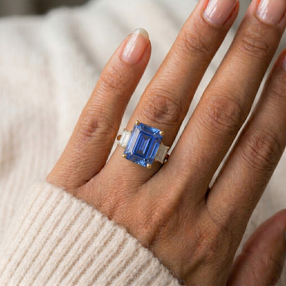 Yellow Gold 3 Stone Blue Sapphire & Natural Earth Mined Diamond Ring 9 Carats