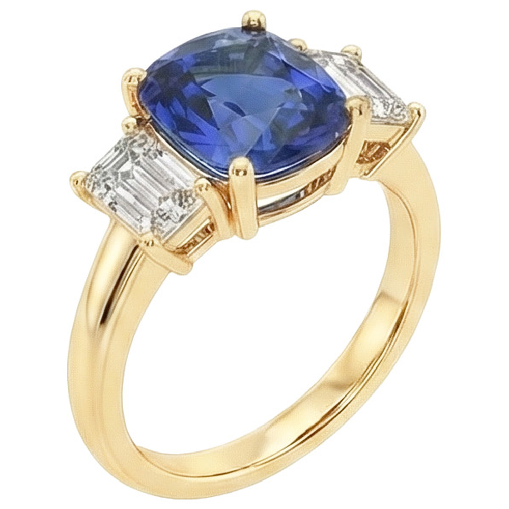 Yellow Gold 3 Stone Ring Cushion Ceylon Color Sapphire & IGI CERTIFIED Diamonds 9 Carats
