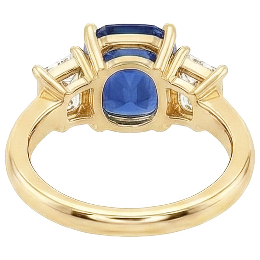 Yellow Gold 3 Stone Ring Cushion Ceylon Color Sapphire & IGI CERTIFIED Diamonds 9 Carats