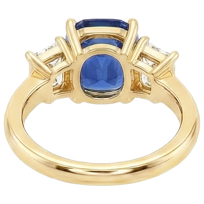 Yellow Gold 3 Stone Ring Cushion Ceylon Color Sapphire & IGI CERTIFIED Diamonds 9 Carats