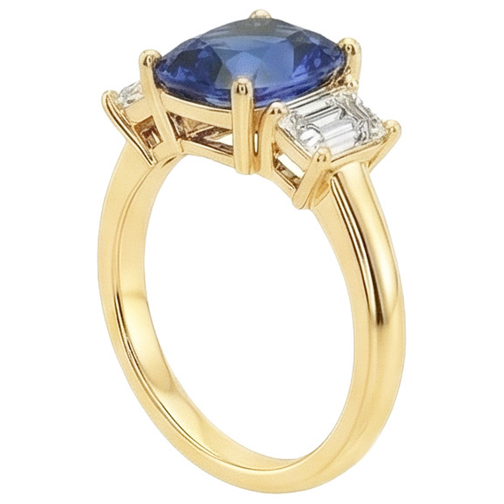 Yellow Gold 3 Stone Ring Cushion Ceylon Color Sapphire & IGI CERTIFIED Diamonds 9 Carats