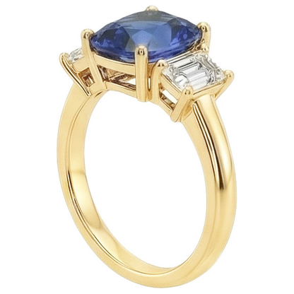 Yellow Gold 3 Stone Ring Cushion Ceylon Color Sapphire & IGI CERTIFIED Diamonds 9 Carats