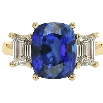 Yellow Gold 3 Stone Ring Cushion Ceylon Color Sapphire & IGI CERTIFIED Diamonds 9 Carats