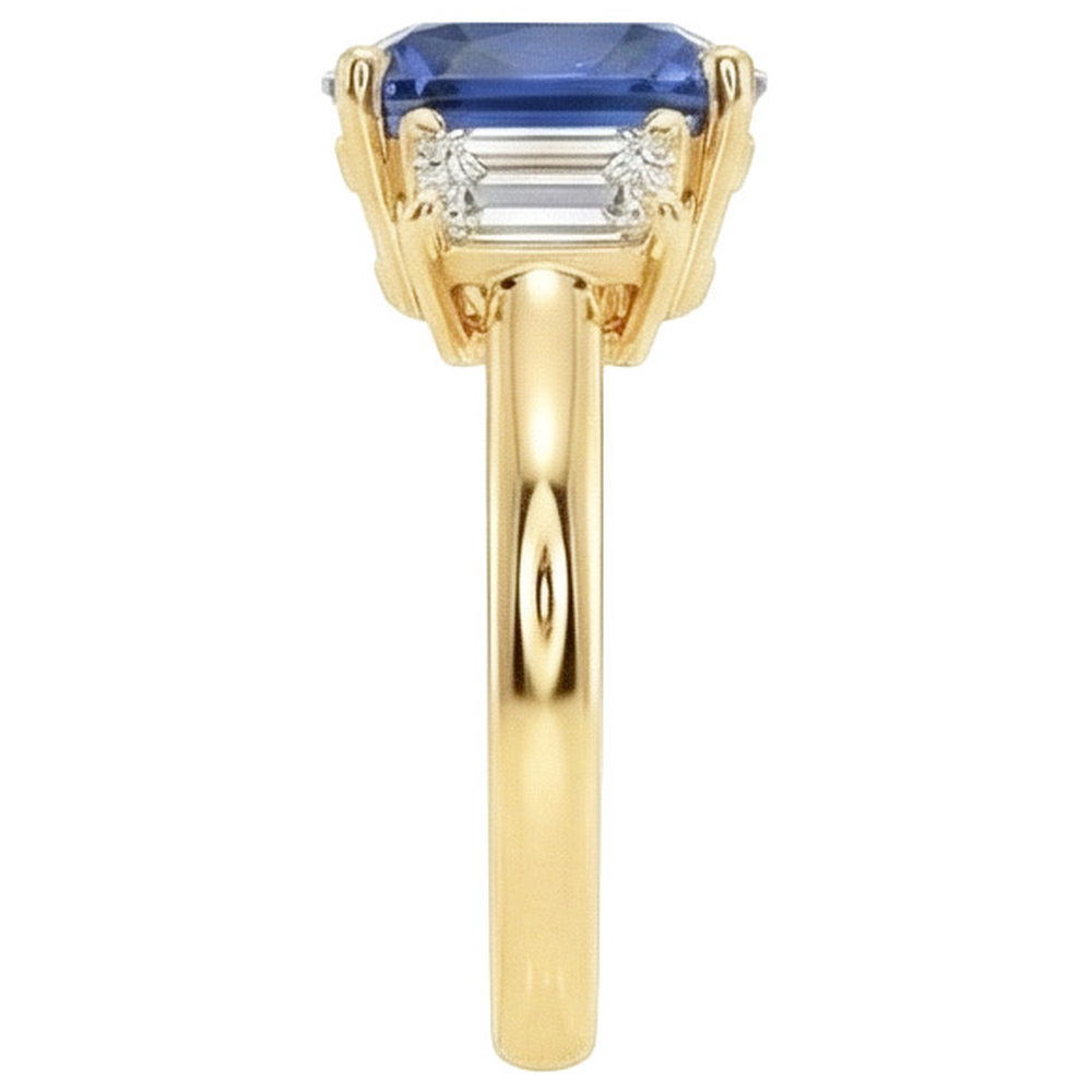 Yellow Gold 3 Stone Ring Cushion Ceylon Color Sapphire & IGI CERTIFIED Diamonds 9 Carats