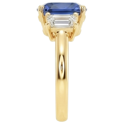 Yellow Gold 3 Stone Ring Cushion Ceylon Color Sapphire & IGI CERTIFIED Diamonds 9 Carats