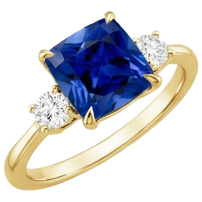 Yellow Gold 3 Stone Ring Natural Earth Mined Diamond And Cushion Blue Sapphire 2.50 Carats