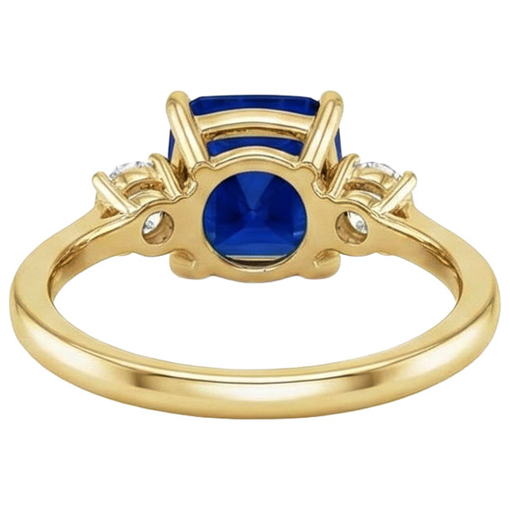 Yellow Gold 3 Stone Ring Natural Earth Mined Diamond And Cushion Blue Sapphire 2.50 Carats