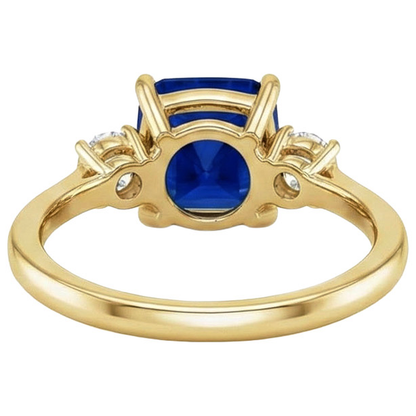 Yellow Gold 3 Stone Ring Natural Earth Mined Diamond And Cushion Blue Sapphire 2.50 Carats
