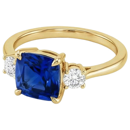 Yellow Gold 3 Stone Ring Natural Earth Mined Diamond And Cushion Blue Sapphire 2.50 Carats