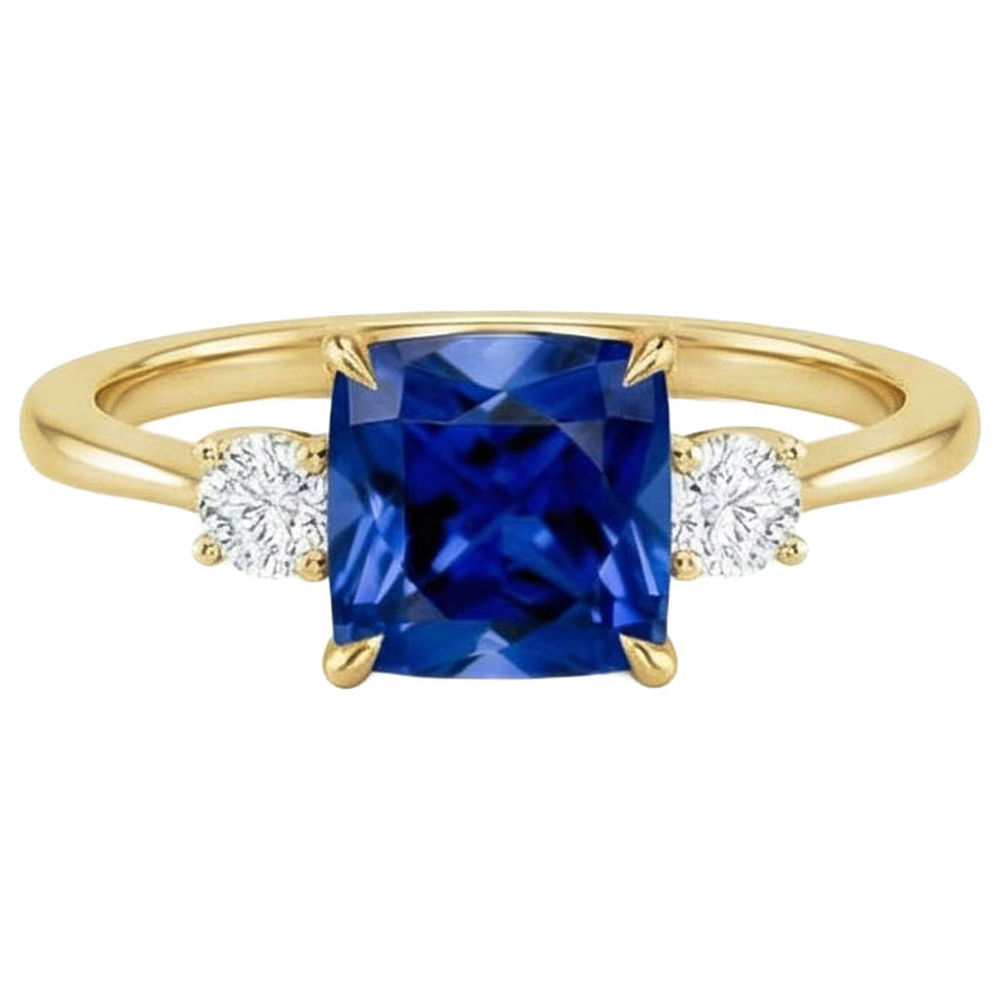Yellow Gold 3 Stone Ring Natural Earth Mined Diamond And Cushion Blue Sapphire 2.50 Carats