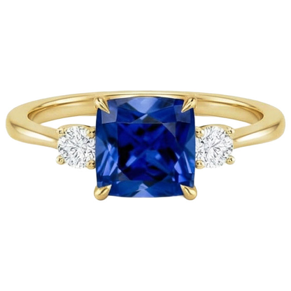 Yellow Gold 3 Stone Ring Natural Earth Mined Diamond And Cushion Blue Sapphire 2.50 Carats