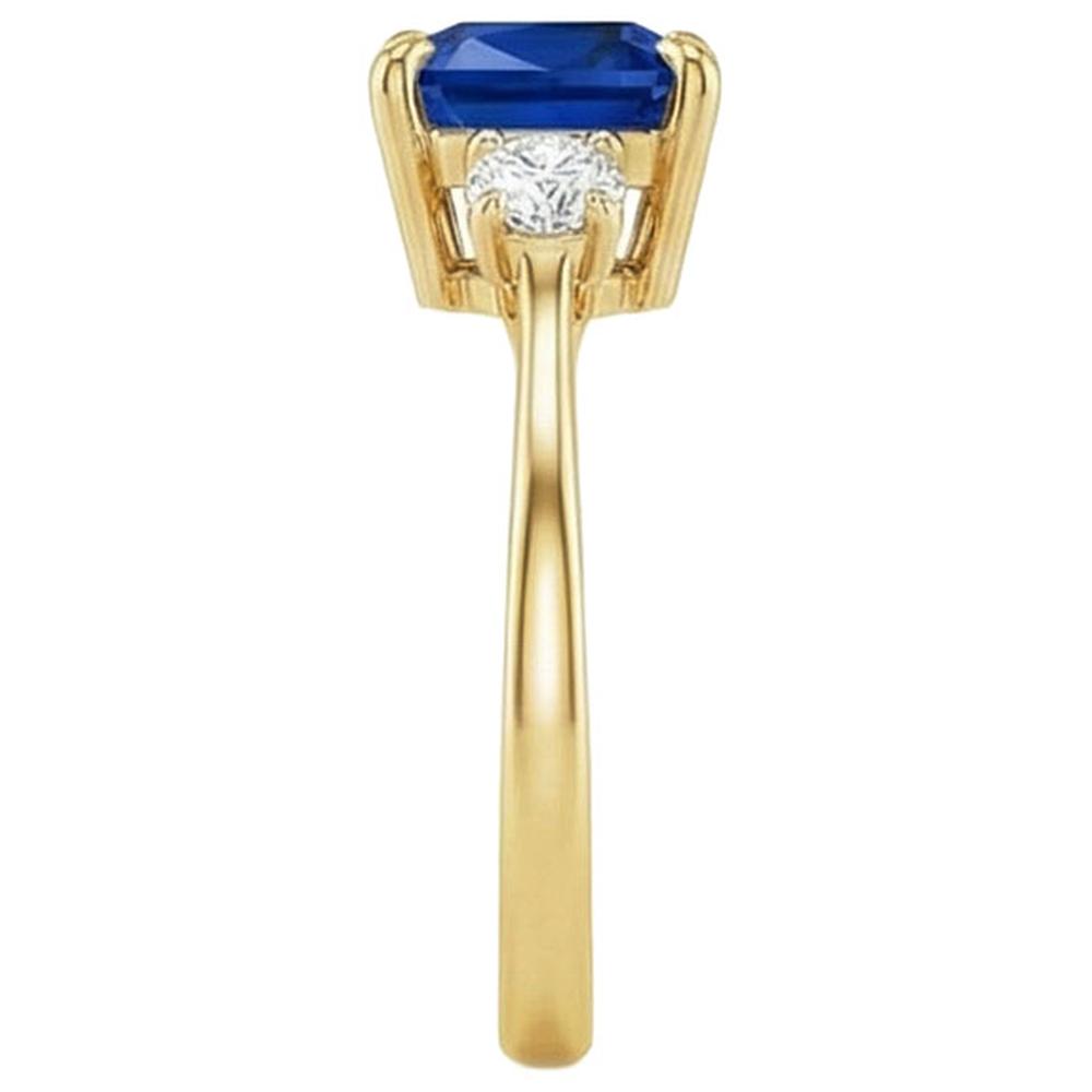 Yellow Gold 3 Stone Ring Natural Earth Mined Diamond And Cushion Blue Sapphire 2.50 Carats