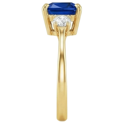Yellow Gold 3 Stone Ring Natural Earth Mined Diamond And Cushion Blue Sapphire 2.50 Carats