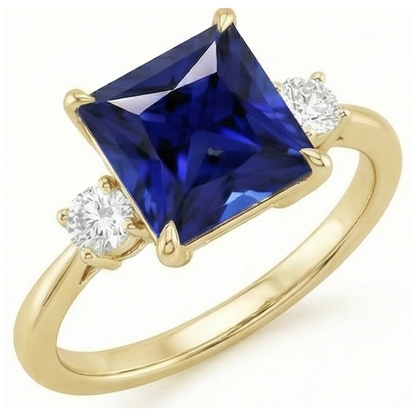 Yellow Gold 3 Stone Ring Princess Blue Sapphire & Natural Earth Mined Diamonds 5.25 Carats
