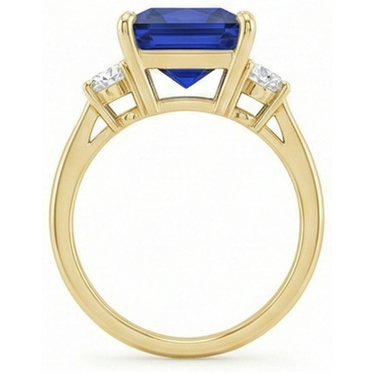 Yellow Gold 3 Stone Ring Princess Blue Sapphire & Natural Earth Mined Diamonds 5.25 Carats
