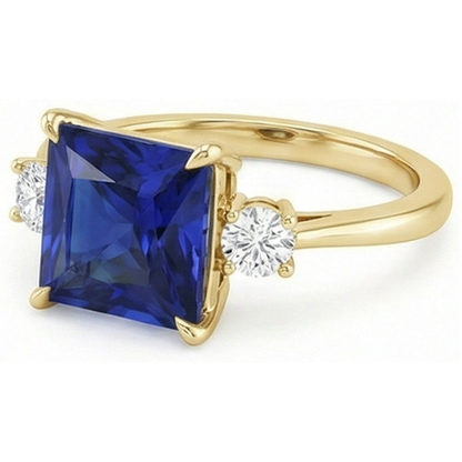 Yellow Gold 3 Stone Ring Princess Blue Sapphire & Natural Earth Mined Diamonds 5.25 Carats